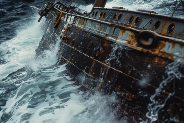 Foto uma imagem de um navio enferrujado no oceano cercado por ondas adequado para temas e conceitos marítimos