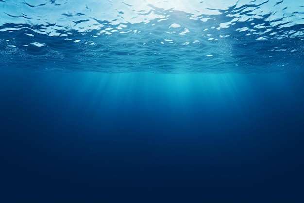 uma imagem de um oceano azul com muitos peixes pequenos nadando debaixo dele.