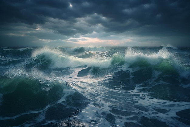 Uma imagem de um oceano tempestuoso com um céu nublado ao fundo.