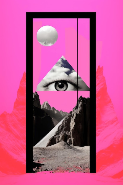 Foto uma imagem de um olho olhando para fora de uma porta em um fundo rosa