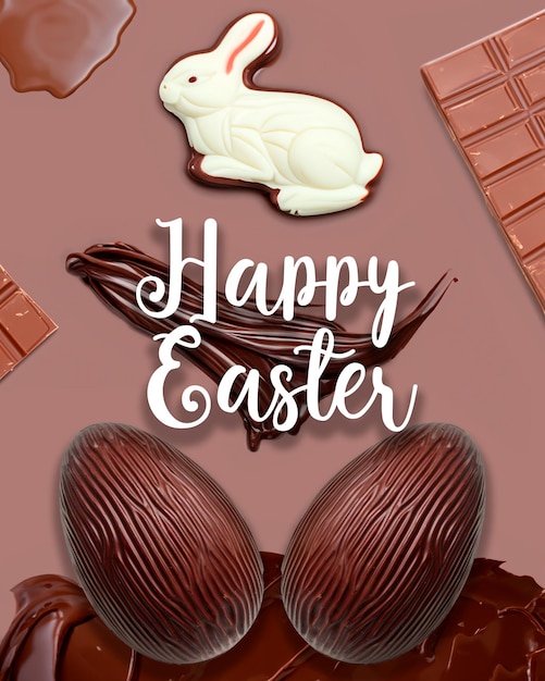 uma imagem de um ovo de Páscoa de chocolate com um coelho branco na parte superior