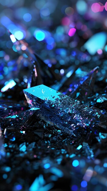 Uma imagem de um pedaço de vidro quebrado com luzes azuis e roxas