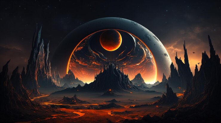 Foto uma imagem de um planeta alienígena com fogo e lava ao fundo generative ai