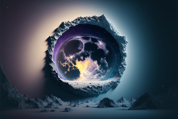 Uma imagem de um planeta visto através de um buraco no céu generativo ai