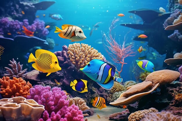 uma imagem de um recife de coral com peixes tropicais e corais
