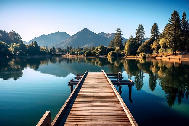 Uma imagem de um retiro pacífico à beira do lago onde uma pequena doca de madeira