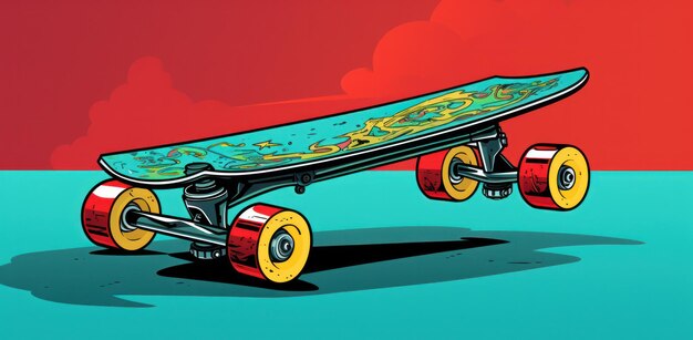 Uma imagem de um skate de desenho animado com cores vibrantes