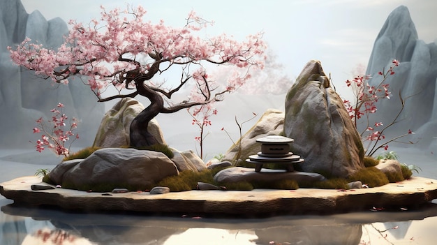 Uma imagem de um tranquilo jardim de pedras de inspiração Zen com uma impressionante árvore de cerejeira bonsai
