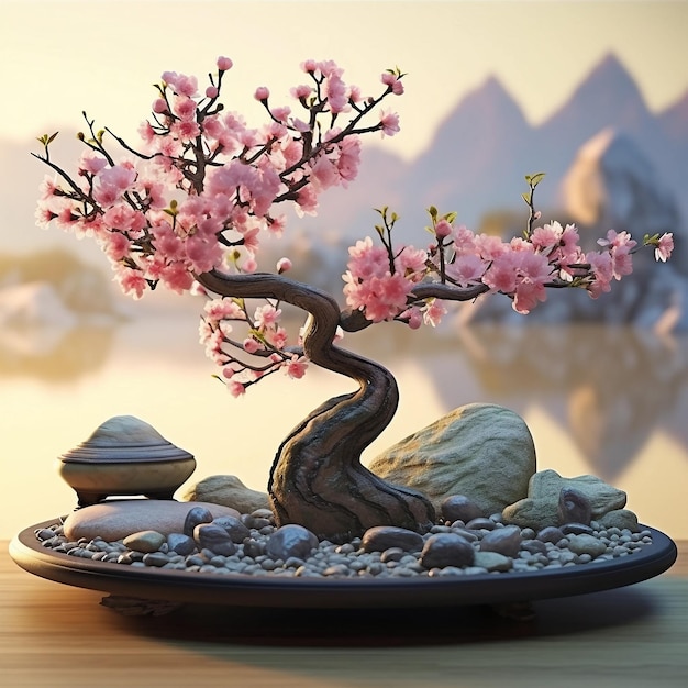 Uma imagem de um tranquilo jardim de pedras de inspiração Zen com uma impressionante árvore de cerejeira bonsai