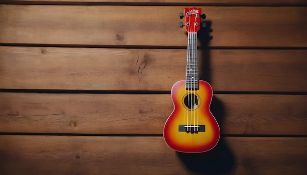 uma imagem de um ukulele vibrante pendurado em uma parede de madeira rústica em uma casa de praia aconchegante