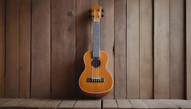 uma imagem de um ukulele vibrante pendurado em uma parede de madeira rústica em uma casa de praia aconchegante