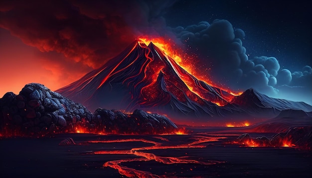 Uma imagem de um vulcão com lava fluindo através dele