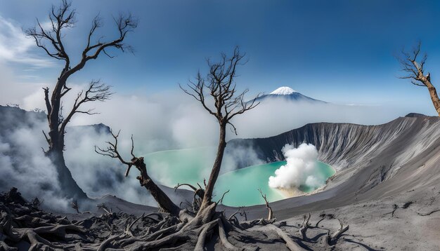 uma imagem de um vulcão com uma montanha no fundo