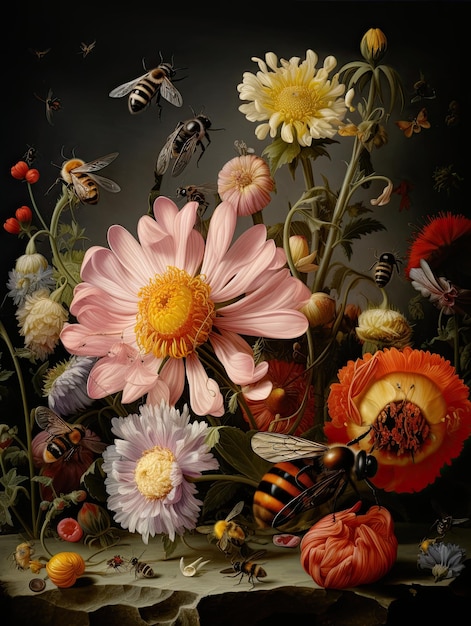 uma imagem de uma abelha e flores com abelhas e flores.