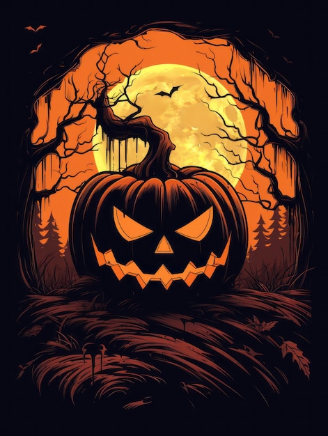 uma imagem de uma abóbora de Halloween com lua cheia ao fundo