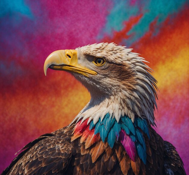 uma imagem de uma águia careca com um fundo colorido