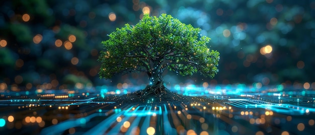 Uma imagem de uma árvore crescendo no solo em uma placa de circuito de computador convergente com luz azul e fundo de rede de wireframe Green Computing Green Technology Green IT CSR e conceito de ética de TI