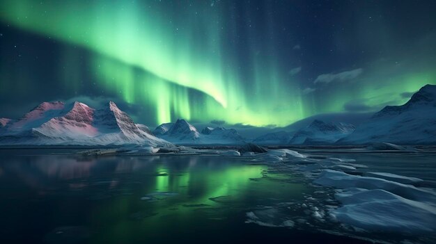 uma imagem de uma aurora verde que está em um lago