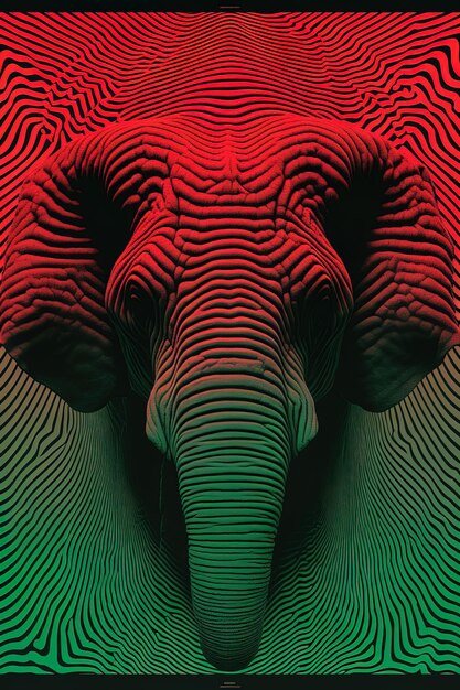 uma imagem de uma cabeça de um elefante com um padrão listrado vermelho e verde