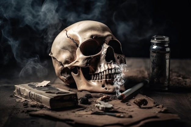 Uma imagem de uma caveira e um cigarro com fumaça saindo dele O conceito dos danos de fumar Geração AI