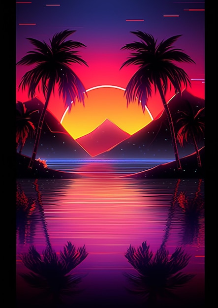 uma imagem de uma cena de pôr-do-sol com palmeiras e montanhas generativo ai