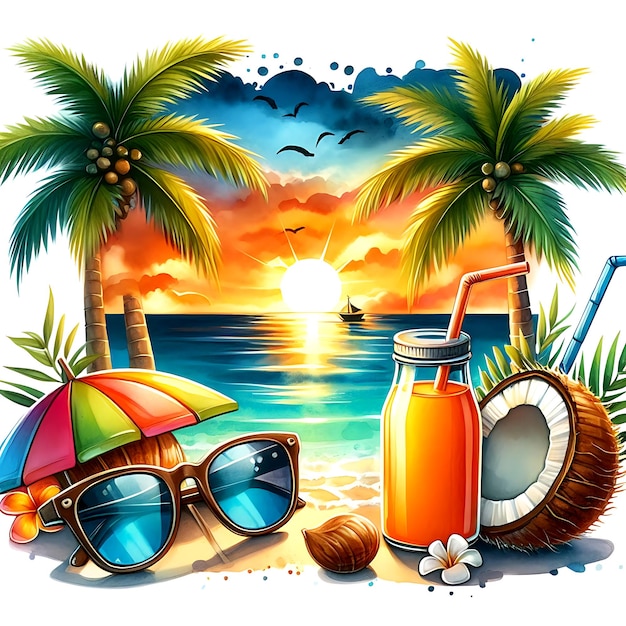 uma imagem de uma cena de praia com palmeiras e um chapéu de praia