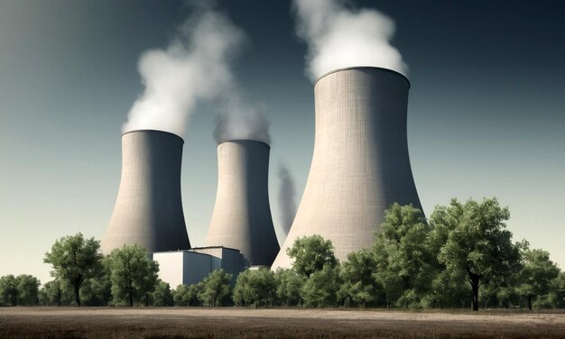 uma imagem de uma central nuclear com fumaça saindo dela