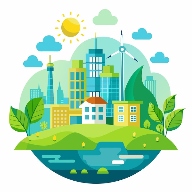 uma imagem de uma cidade com uma planta verde e uma cidade