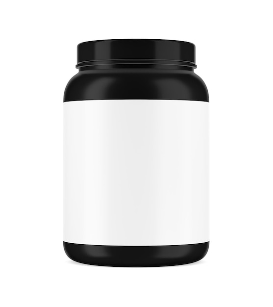 uma imagem de uma etiqueta branca de um frasco de proteínas isolada sobre um fundo branco