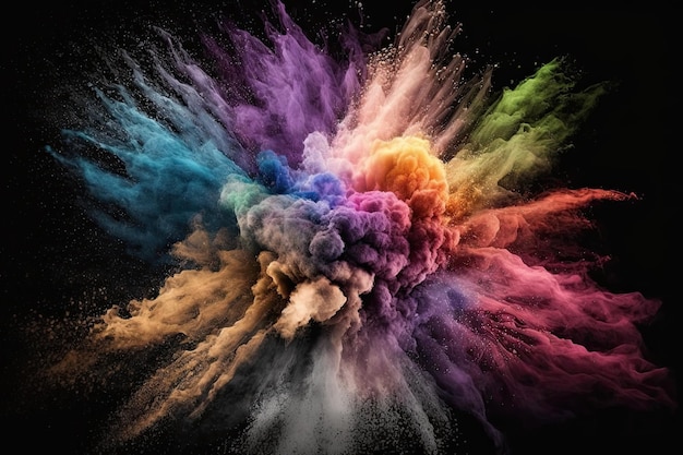 Uma imagem de uma explosão de pó multicolorido em um fundo preto com uma foto realista de uma textura perfeita Generative AI