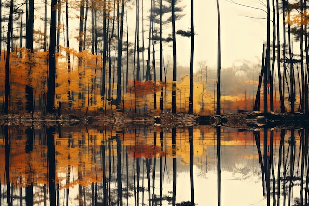 uma imagem de uma floresta com árvores refletidas na água