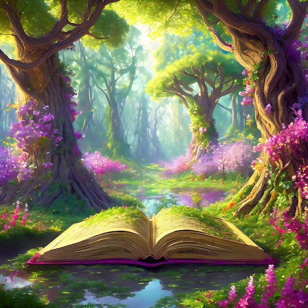 uma imagem de uma floresta encantada com livros