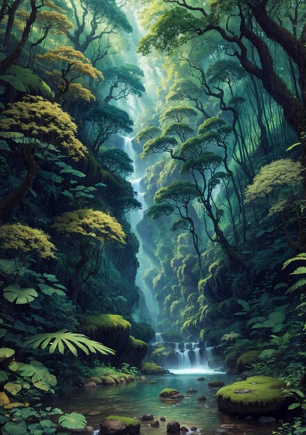 Uma imagem de uma floresta exuberante e misteriosa com flora e fauna vibrantes de outro mundo