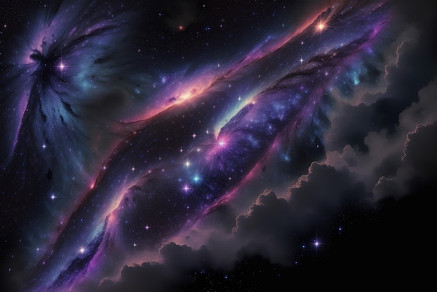 Uma imagem de uma galáxia com estrelas roxas e azuis