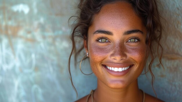 Uma imagem de uma jovem mulher com um sorriso bonito contra uma parede cinzenta com espaço de cópia mostrando seu passado multirracial de sucesso Uma mulher latina com dentes brancos sorri para a câmera contra