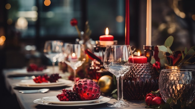 Uma imagem de uma mesa de jantar lindamente decorada com decorações festivas de Natal