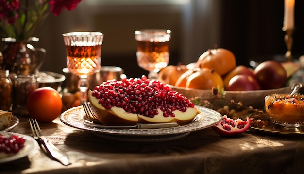 Uma imagem de uma mesa festiva de Rosh Hashaná com pratos tradicionais representando doçura e abudan