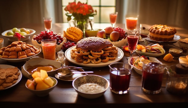 Uma imagem de uma mesa festiva de Rosh Hashaná com pratos tradicionais representando doçura e abudan