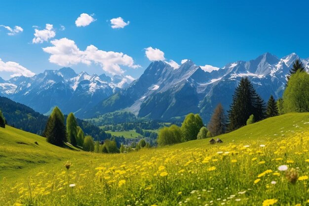 Uma imagem de uma montanha com um campo de flores amarelas e montanhas no fundo