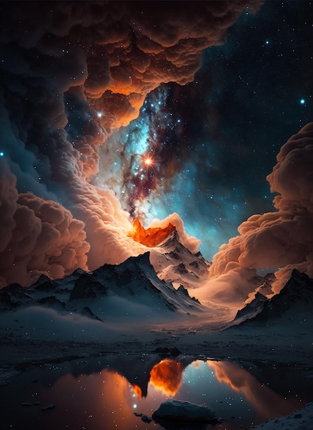 Uma imagem de uma montanha e uma nebulosa com as palavras "galáxia" na parte inferior.