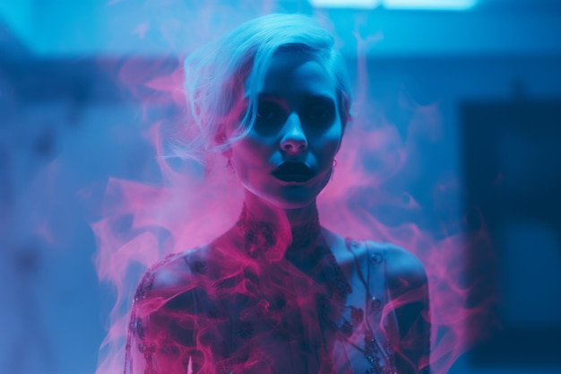 uma imagem de uma mulher com fumaça rosa saindo de sua boca