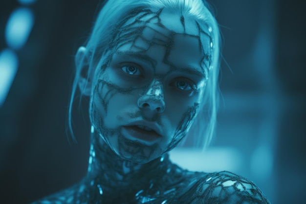 uma imagem de uma mulher com maquiagem azul no rosto