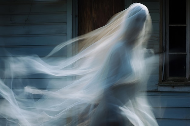 Foto uma imagem de uma mulher fantasmagórica em um vestido branco