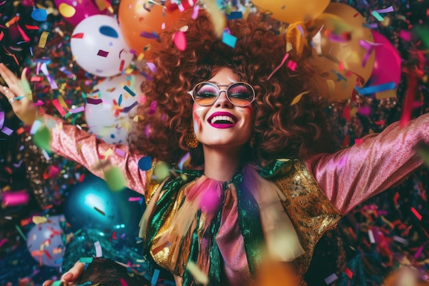 Foto uma imagem de uma mulher vestindo uma fantasia divertida e extravagante de ano novo com um tutu multicolorido, um top de lantejoulas e óculos de festa grandes generative ai