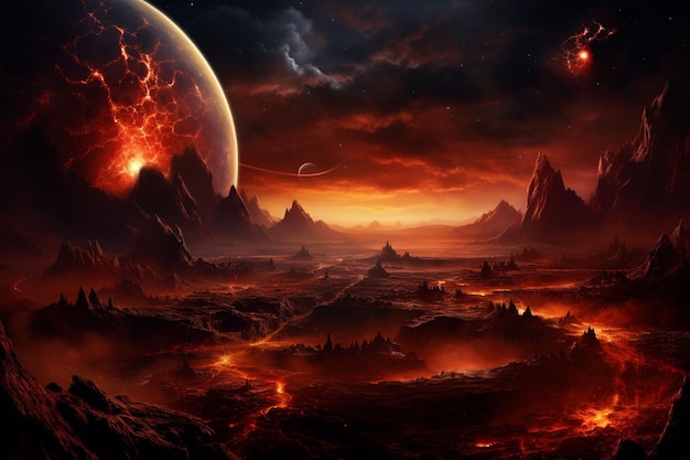 uma imagem de uma paisagem ardente com montanhas e lava