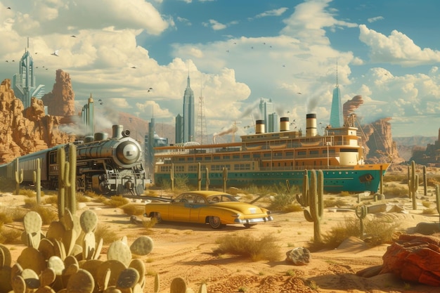 Uma imagem de uma paisagem do deserto com tarefas carros e um navio Ilustração