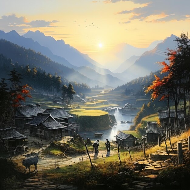 uma imagem de uma paisagem montanhosa com uma paisagem de montanha e uma vaca