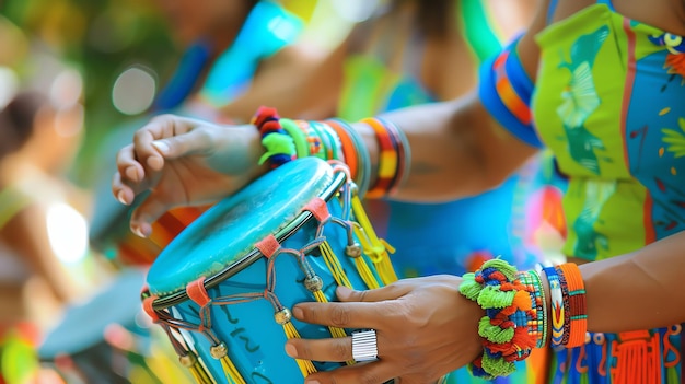 Foto uma imagem de uma pessoa tocando um tambor a pessoa está vestindo roupas e jóias coloridas o fundo é borrado e fora de foco