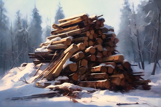 Uma imagem de uma pilha de madeira na neve