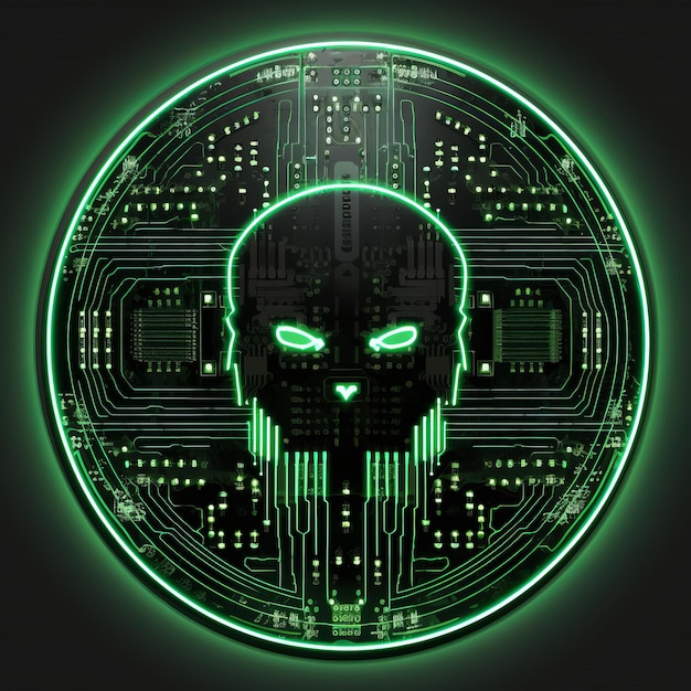 uma imagem de uma placa de circuito de computador com olhos verdes brilhantes